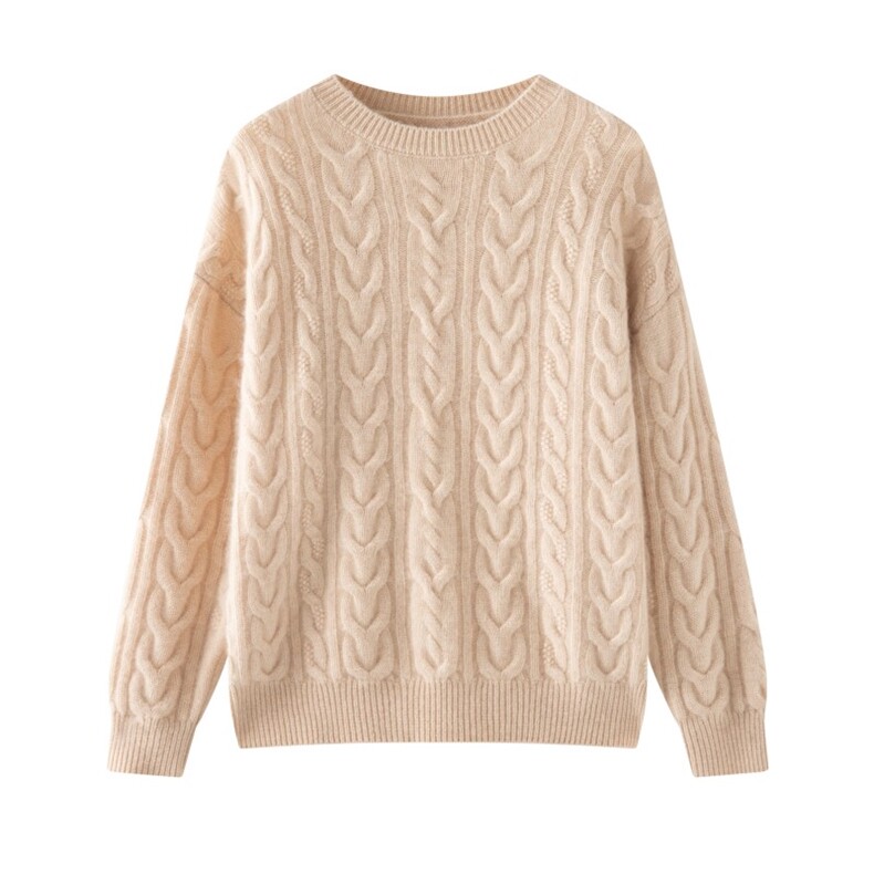 2025秋冬百搭时尚简约麻花绞花针织衫圆领，女装针织衫/毛衣，木淼羊绒