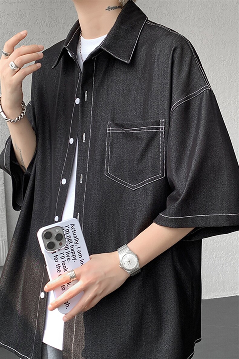 8XL-M冰丝牛仔短袖衬衫男款夏季薄款宽松慵懒衬衣外套DC28006P60,男装T恤,电商B312