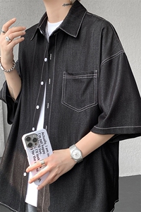 8XL-M 冰丝牛仔短袖衬衫男款夏季薄款宽松慵懒衬衣外套DC28006P60图片