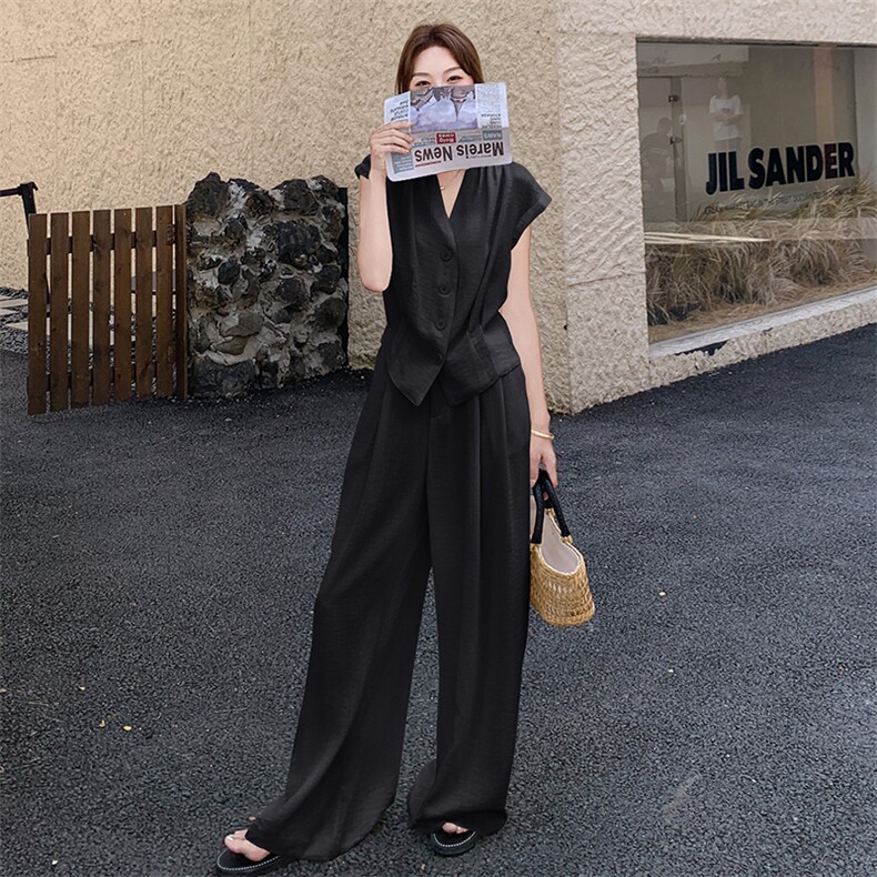 夏季2025淡人时尚阔腿裤两件套女高级感老钱风一整套穿搭马甲套装,女装套装/套裙,2C255