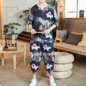 WY1 P75 咖啡厅2024春夏新款风亚麻潮流时尚宽松休闲印花套装图片