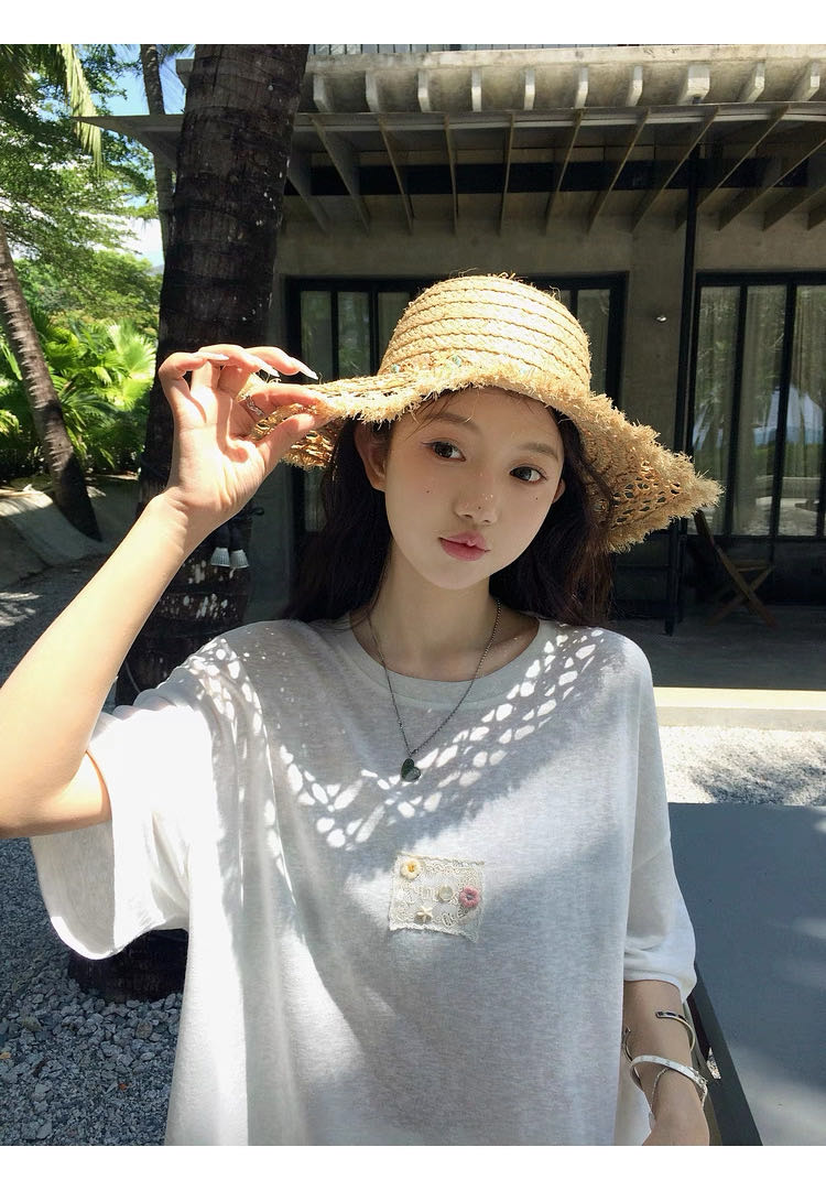 雪花棉麻手工蕾丝短袖时尚百搭,女装T恤,湘姗