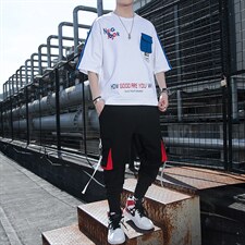 2023夏季潮流时尚T恤男装青少年宽松棉质ins圆领套装F160P75，男装休闲套装，电商A086