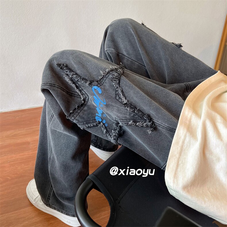 XZ616秋季新款星星刺绣直筒阔腿拖地休闲长裤TY391P55控68,男装牛仔裤,星座512A（原616）