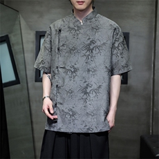 棉麻现货男士风大码立领盘扣衬衫竹叶短袖上衣CS35-P65，男装衬衫，电商A021
