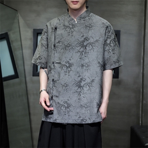 棉麻现货 男士风大码立领盘扣衬衫竹叶短袖上衣CS35-P65图片