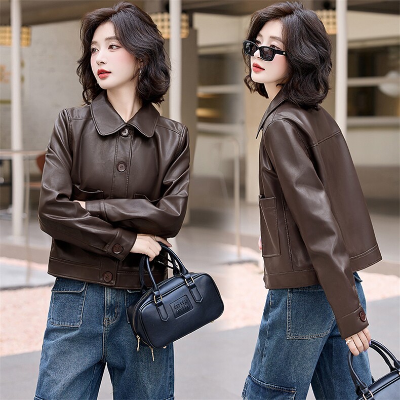 现货新款海宁皮衣女短款高级仿绵羊皮长袖时尚翻领夹克外套春秋，女装皮衣，潮流依族