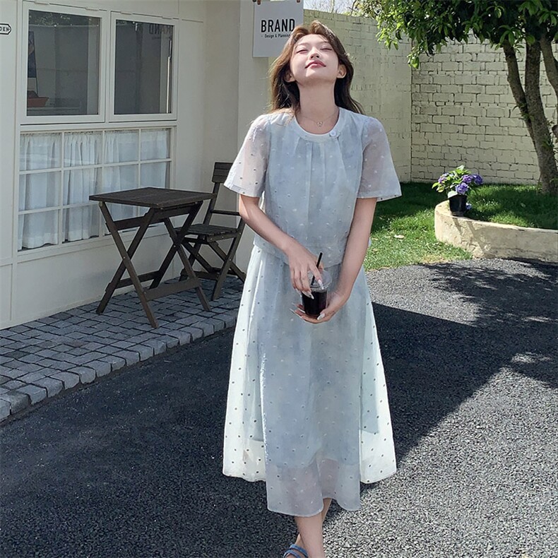 法式款显瘦遮肉女裙2025夏新淡蓝色扎染假两件连衣裙波点裙仙女裙,女装连衣裙,2C238