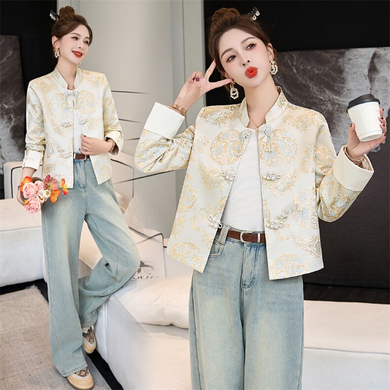 新中式外套女国风2025春秋新款小个子洋气刺绣复古盘扣唐装短上衣,女装短外套,伊仟回