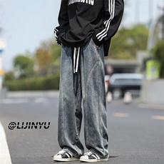 解构弯刀复古牛仔裤秋季美式休闲长裤宽松直筒阔腿裤K760-特批-40，男装牛仔裤，星座718-1