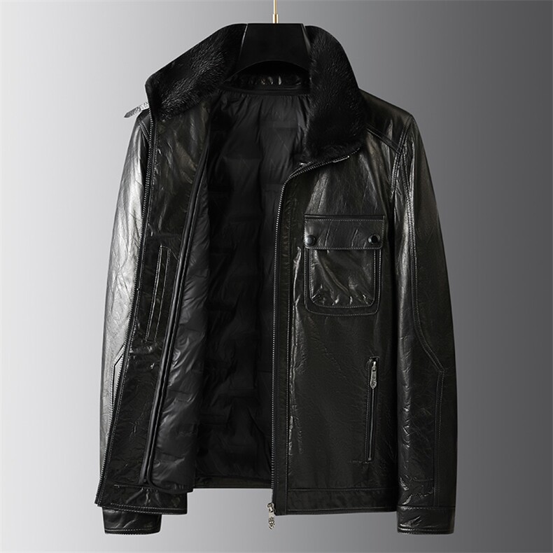 冬季新款海宁羽绒服男牛皮皮衣加厚水貂毛领外套P998图片