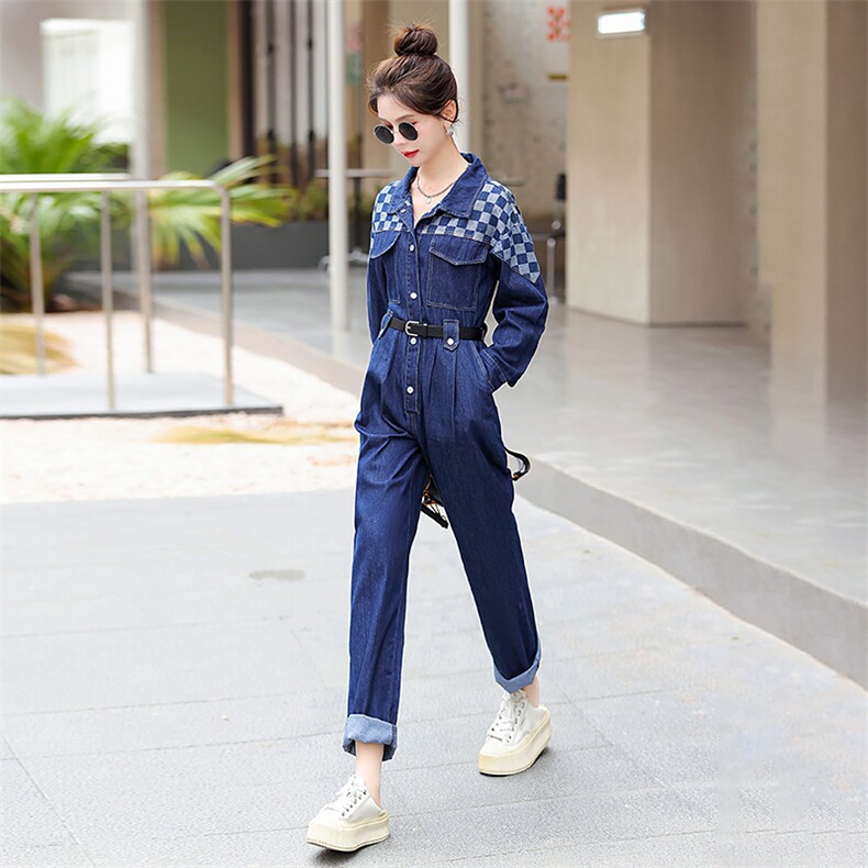 牛仔工装连体裤女2025春秋新款拼接格子高级感时尚流行连衣裤,女装连体裤,E百度