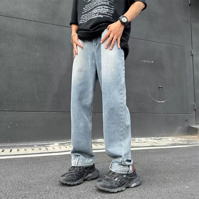百搭宽松牛仔裤男简约直筒阔腿休闲系带长裤水洗抽绳K06-2/P45图片