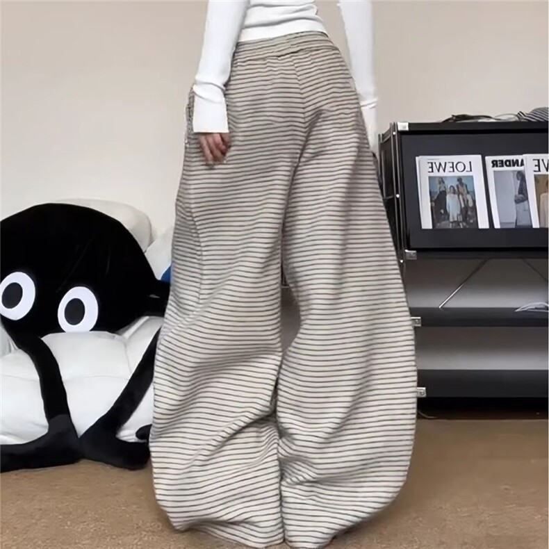 美式慵懒风横条纹垂感阔腿裤2026秋冬高腰显瘦女杏色直筒休闲长裤,男装休闲裤,星座506A