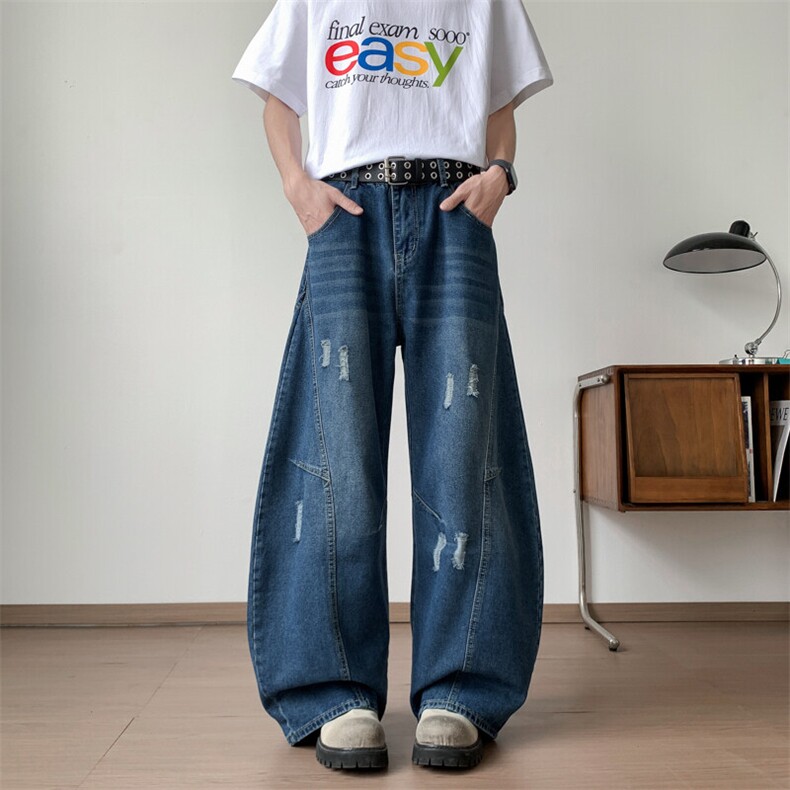 美式复古水洗破洞弯刀牛仔裤夏季潮流新款直筒阔腿裤，男装牛仔裤，星座410-6（原星座1304-1）