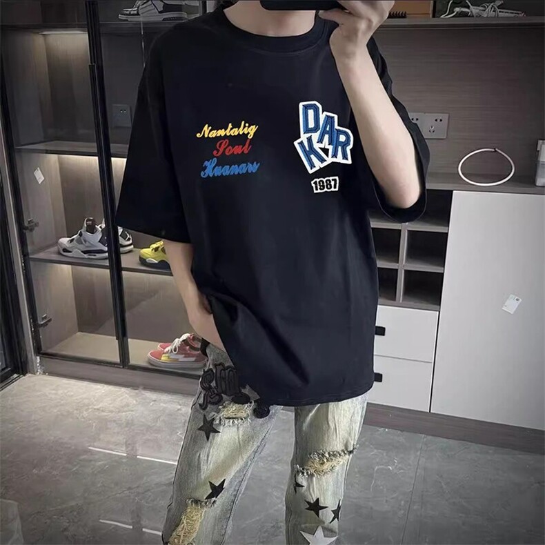 万针全刺绣工艺抖音得物高品质260克重磅纯棉双纱美式高街短袖T恤图片