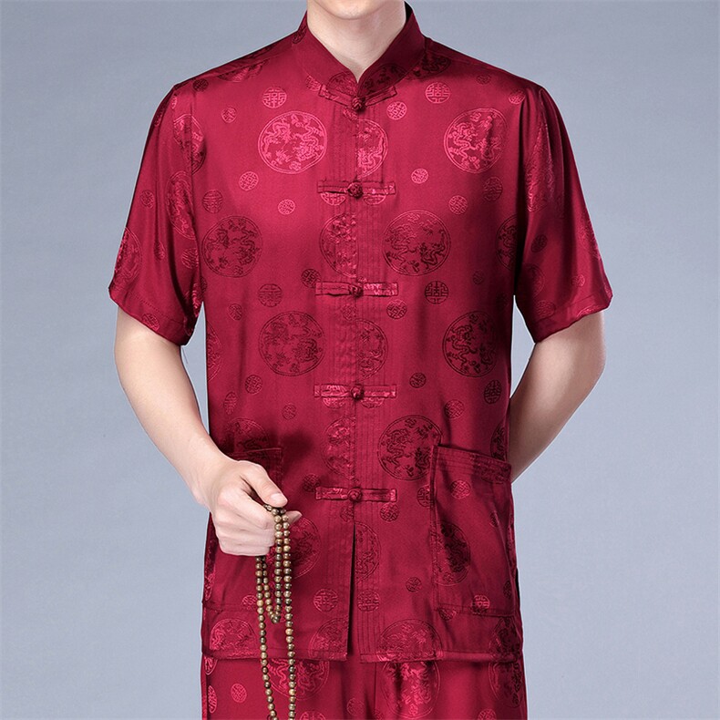 太极服男中老年唐装套装宽松绣花短袖汉服爸爸装中式冰丝薄款衬衫,男装中老年男装,钱塘723