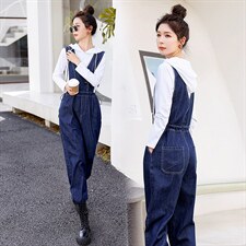 时尚显瘦牛仔背带连体裤女宽松高腰减龄休闲长裤百搭学生工装裤，女装连体裤，秋水欣儿