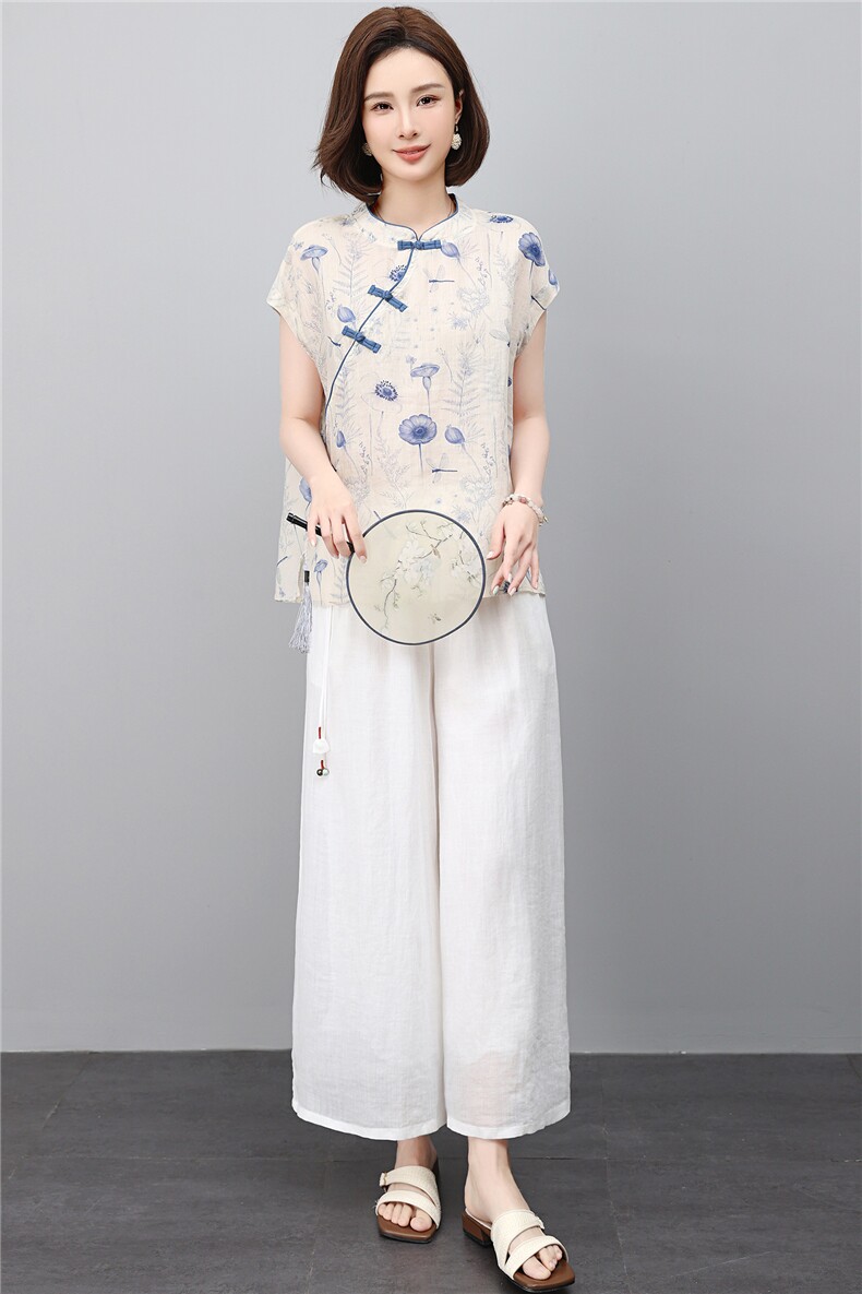 时尚夏季薄款2026新款苎麻大方得体低圆领刺绣优雅范上衣,女装套装/套裙,江忆布依