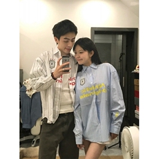 706-1-CS755-P48现货秋季美式运动撞色条纹衬衫情侣印花衬衣，男装衬衫，星座706-1
