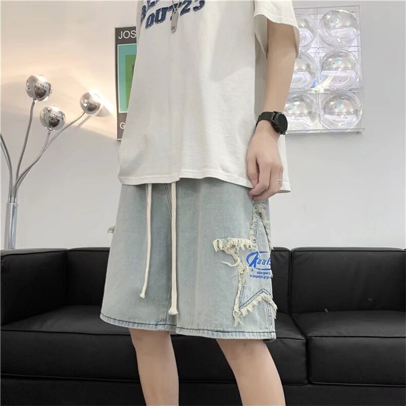 牛仔短裤男夏季设计感小众五角星五分裤潮牌ins大裤衩DK162-P40,男装牛仔裤,星座1008-1