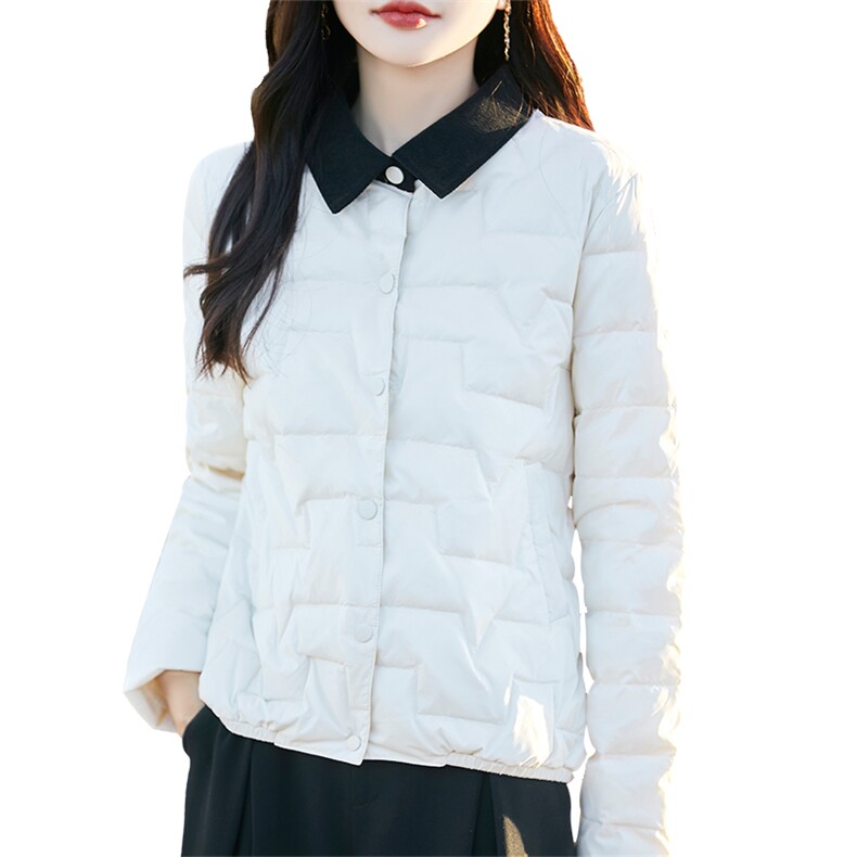 2024年冬季POLO领直筒型单排扣长袖纯色保暖羽绒服,女装羽绒服,臻维羊绒