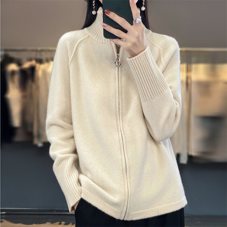 秋冬新款高领羊绒针织开衫女纯色拉链毛衣外穿宽松显瘦羊毛外，女装羊毛衫，忠诺羊绒