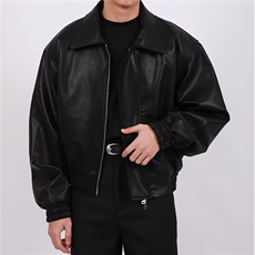 770-P64韩系街头PU皮外套男秋季cityboy潮流痞帅机车服套装宽松，男装休闲套装，电商B323A