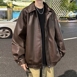 美拉德棕色皮衣外套机车服翻领复古宽松PU夹克上衣Y1023-P68网图图片