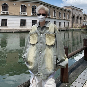 美式高街水洗做旧黄泥牛仔夹克男女潮牌口袋可拆卸外套JK08933-69,卡其马丁靴女穿搭图片