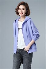 女士拉链纯棉上衣2021春秋季新款连帽纯色抽绳全棉通勤短款外套，女装短外套，伊满意