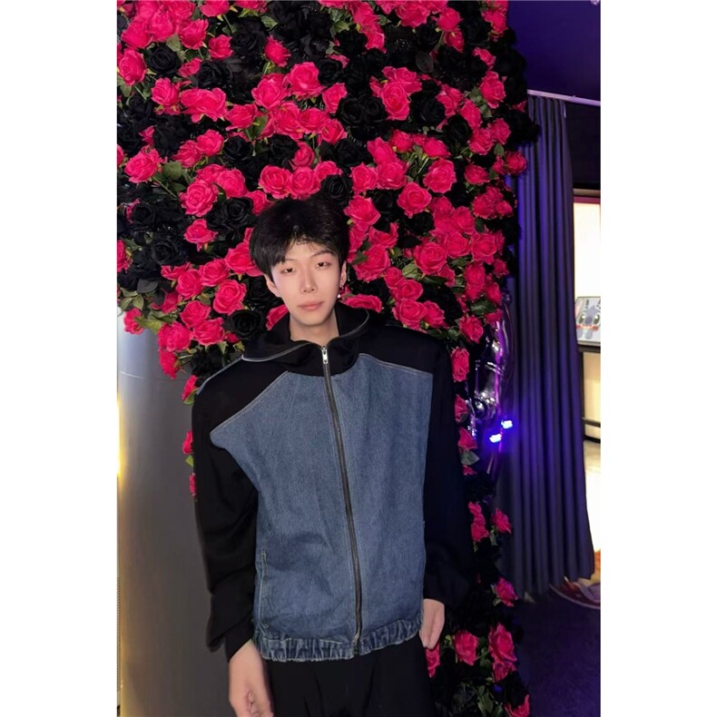 牛仔拼接短款垫肩外套男春秋hiphop美式高街潮牌痞帅宽松连帽夹克,男装夹克,四季星座505