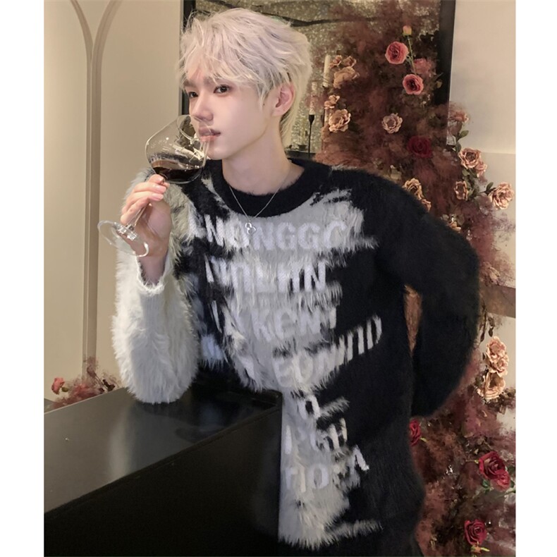 （图盗图必投）撞色圆领潮宽松慵懒风毛茸茸毛衣W15-P75,男装针织衫/毛衣,星座910-1