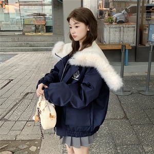 A577-P1282025冬季牛角扣大毛领连帽棉服外套中长款派克服,网红同款中长款羽绒服搭配图片
