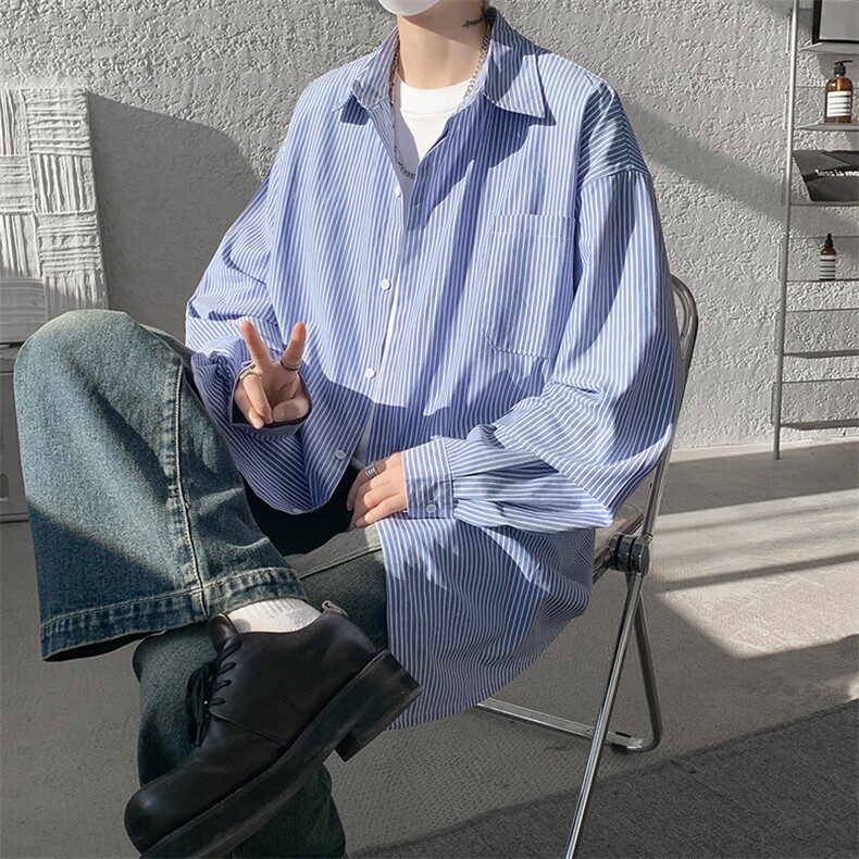 春夏条纹衬衫男长袖薄款痞帅高级感宽松慵懒风大码衬衣CS29003P45,男装衬衫,电商B312