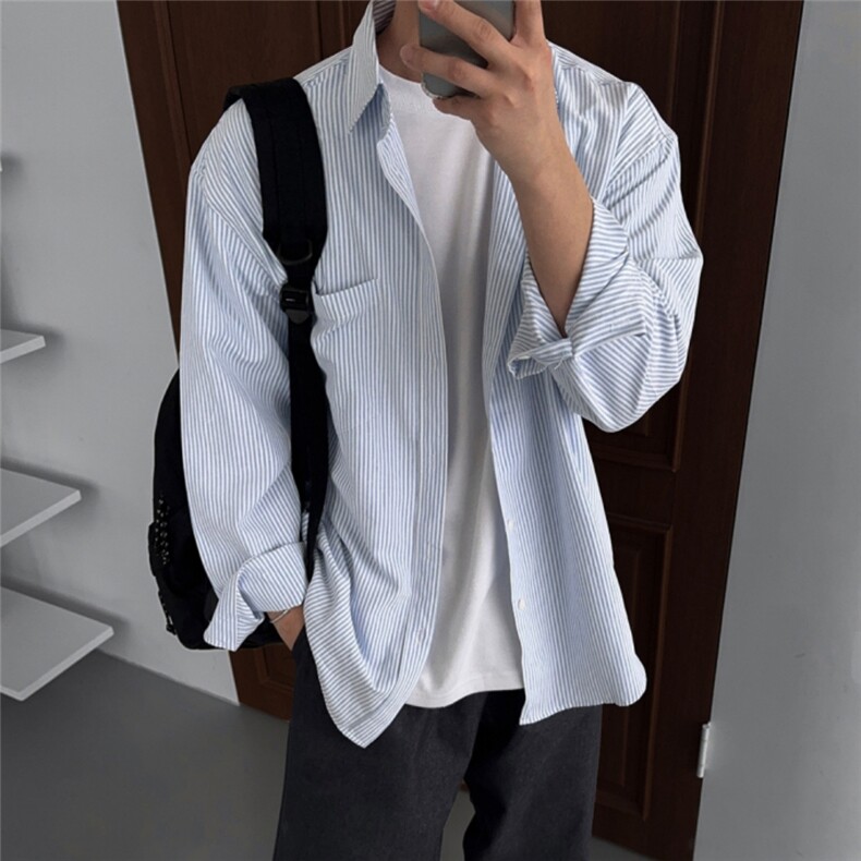 衬衫男韩版休闲小众条纹衬衣春秋季时尚百搭长袖外套XZ710-812P50图片