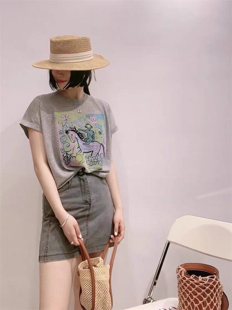 【门店198！】竹节麻针织绿色小马短袖t恤女士薄款夏季短款上衣,女装T恤,晨旭羊绒