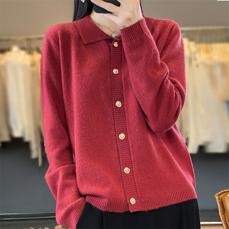 翻领polo针织开衫女2024秋新款纯色羊毛衫长袖短款外套,女装羊毛衫,越洋羊
