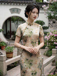 2026年夏季新品时尚气质金丝提花香云纱品质真丝喜庆中长款旗袍裙图片