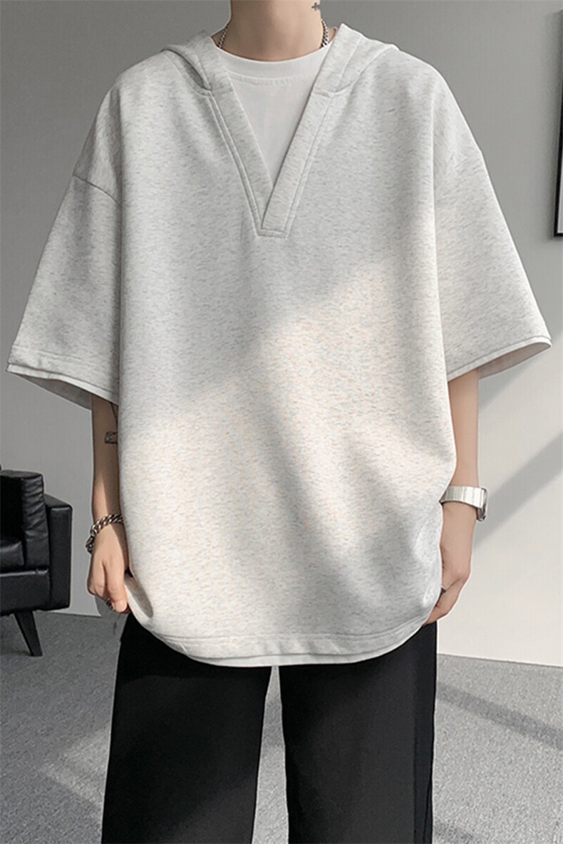 8XL-M假两件短袖卫衣连帽t恤男夏季薄款宽松大码学生半袖DT007P48,男装T恤,电商B312