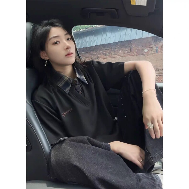 网图假两件拼接衬衫领短袖男女美式复古格子学院风上衣YY811-P35，男装T恤，电商C216