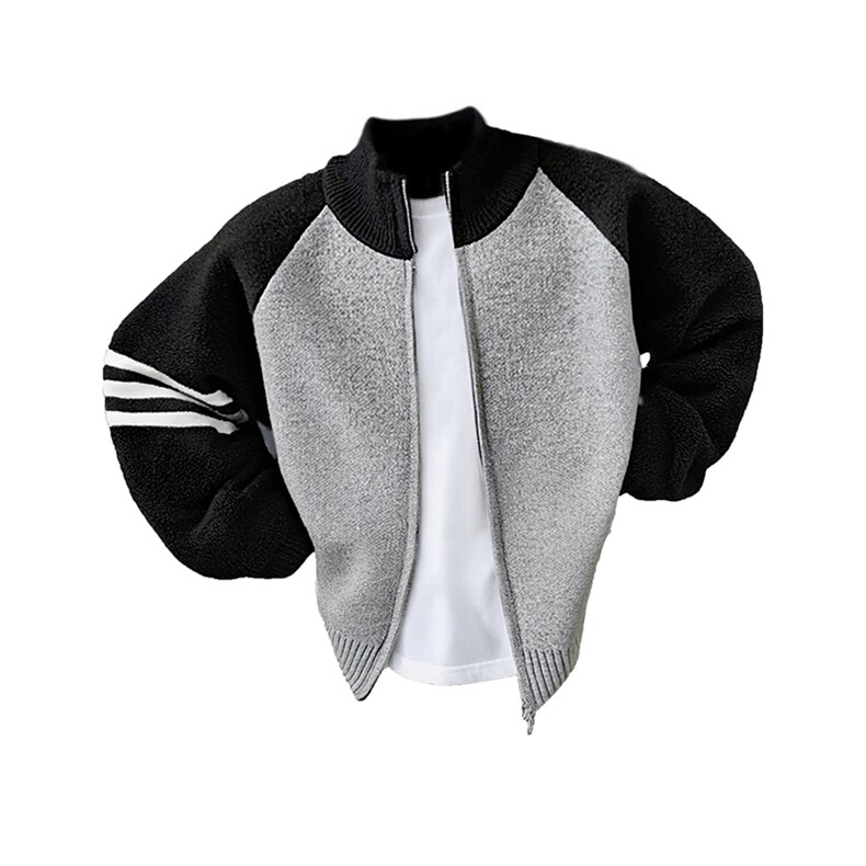 重磅秋冬北极绒开衫毛衣美式复古休闲慵懒风撞色立领针织衫外套，男装针织衫/毛衣，电商A486