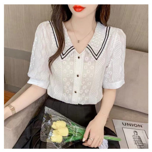 高品质花边面料吗！娃娃领衬衫女夏季2021新款短袖设计感小众刺绣法式温柔风白色上衣图片