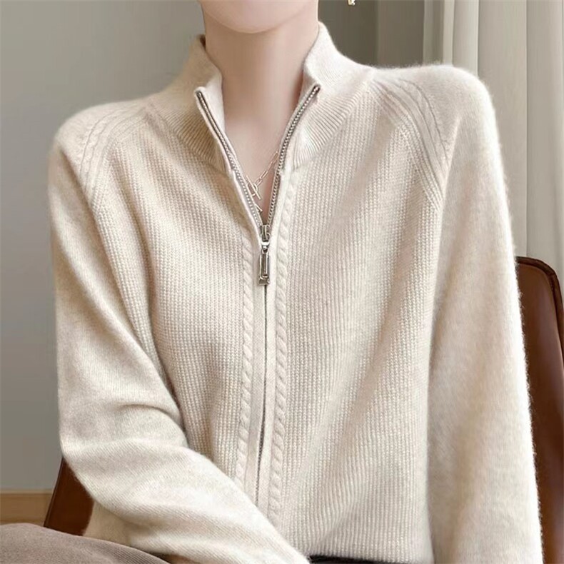 秋冬新桂花针双拉链羊毛开衫女立领长袖纯色宽松针织外套上衣，女装针织衫/毛衣，萱芳婷羊绒