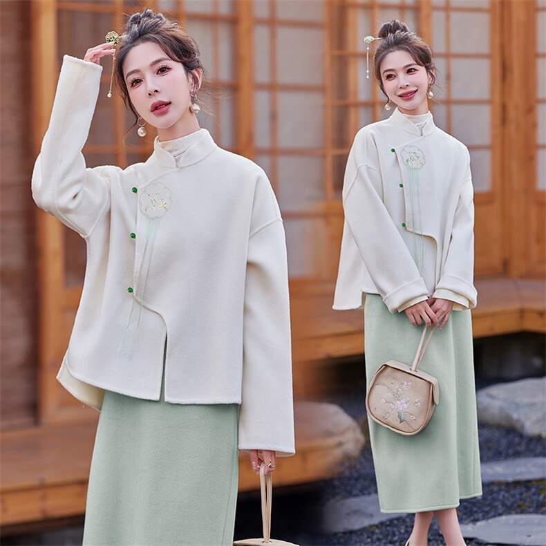 芷墨原创新款双面呢外套新中式绣花毛呢外套上衣半身裙两件套，女装套装/套裙，芷墨服饰