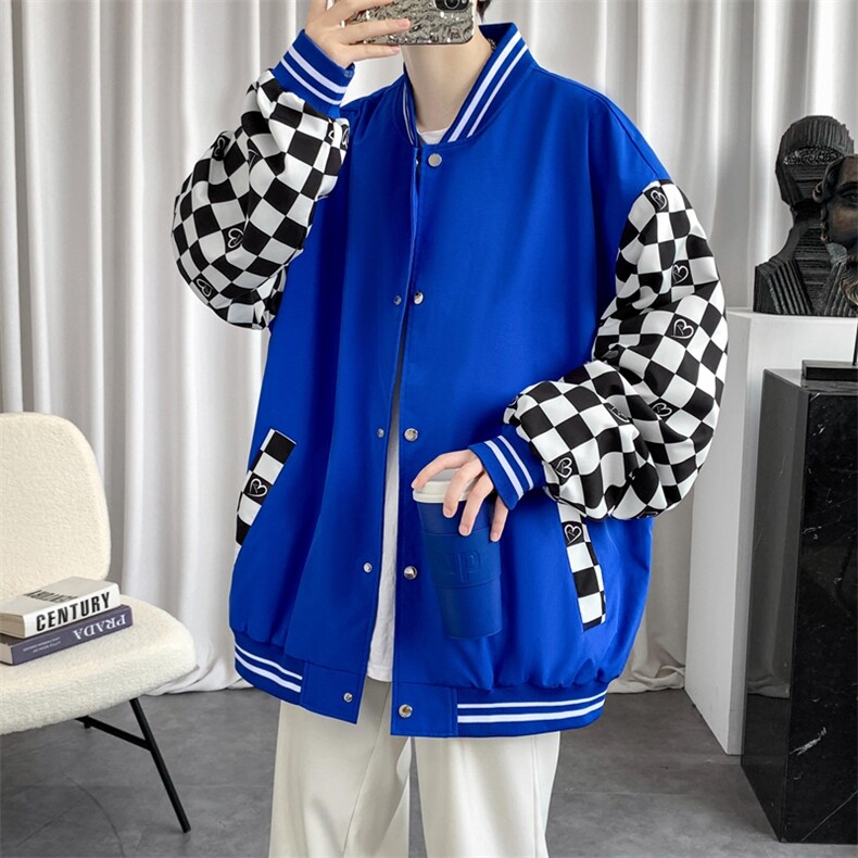 秋季美式潮流格子拼接棒球服外套男宽松夹克情侣上衣JK02226-P65,男装夹克,星座308B-1