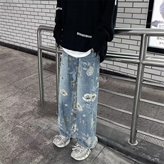 美式复古做旧牛仔裤男春秋设计感小众直筒阔腿潮牌痞帅裤N20-P53，男装牛仔裤，星座308B-1