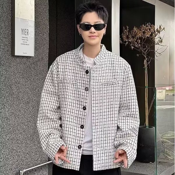秋冬男士新款编织棉线小香风翻领夹克外套男女款休闲百搭保暖上衣图片