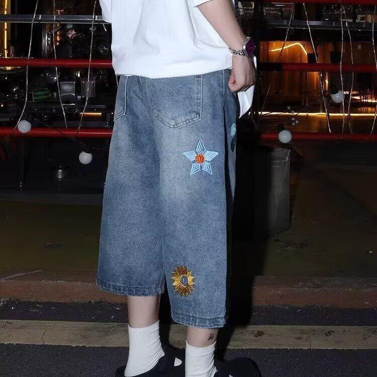 网络图美式复古花卉刺绣牛仔七分裤,男装牛仔裤,星座410-7