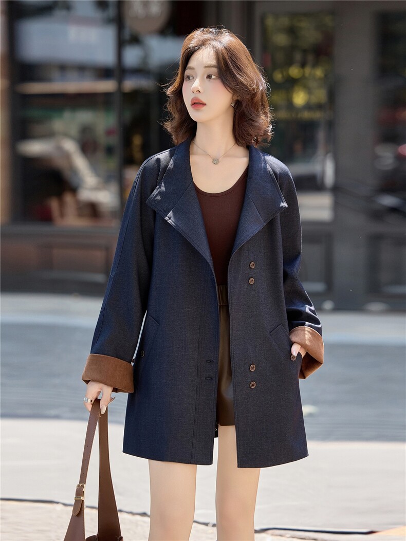高级感藏青色翻领风衣外套女2025秋冬季宽松减龄拼色收腰气质大衣,女装风衣,素月